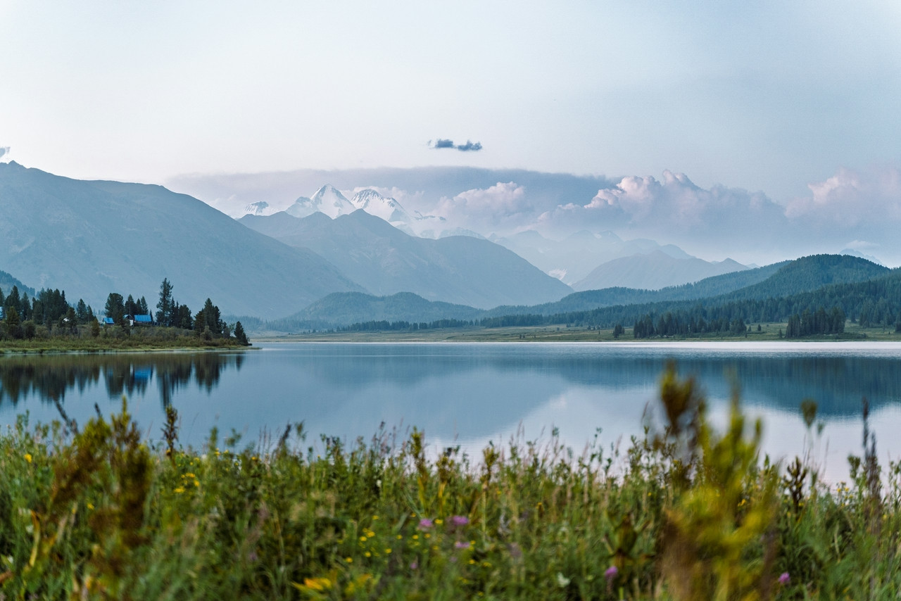 A calm lake reflecting snow-capped mountains under a soft sky with wildflowers in foreground, Ultra